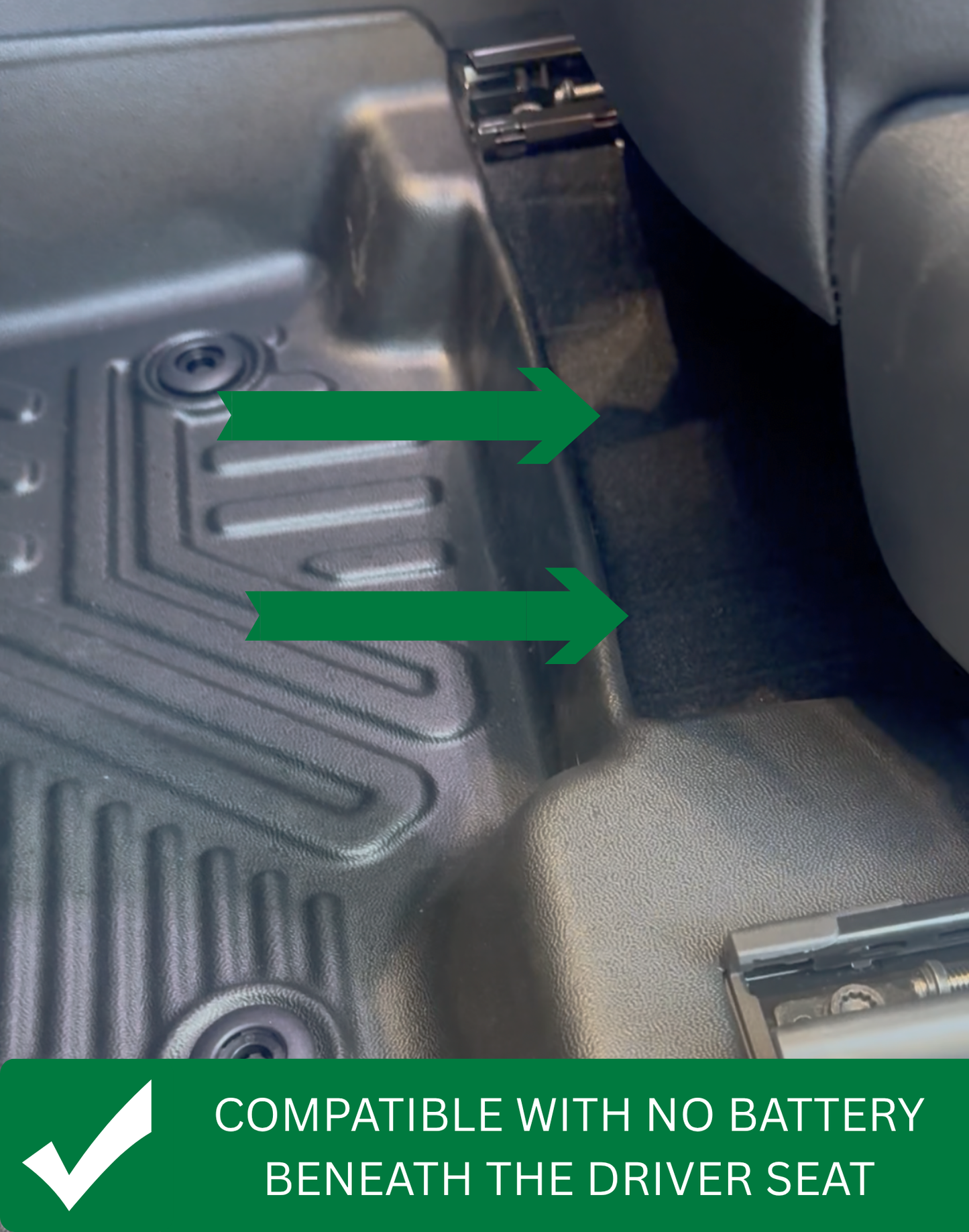 Car floor mat with text indicating compatibility with no battery beneath the driver seat